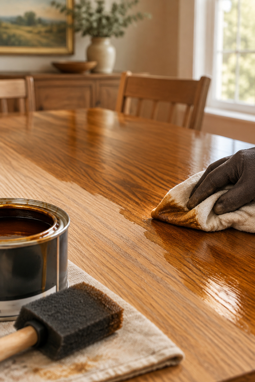 Rag applying amber gel stain to a veneer dining tabletop, wood grain visible through the wet finish