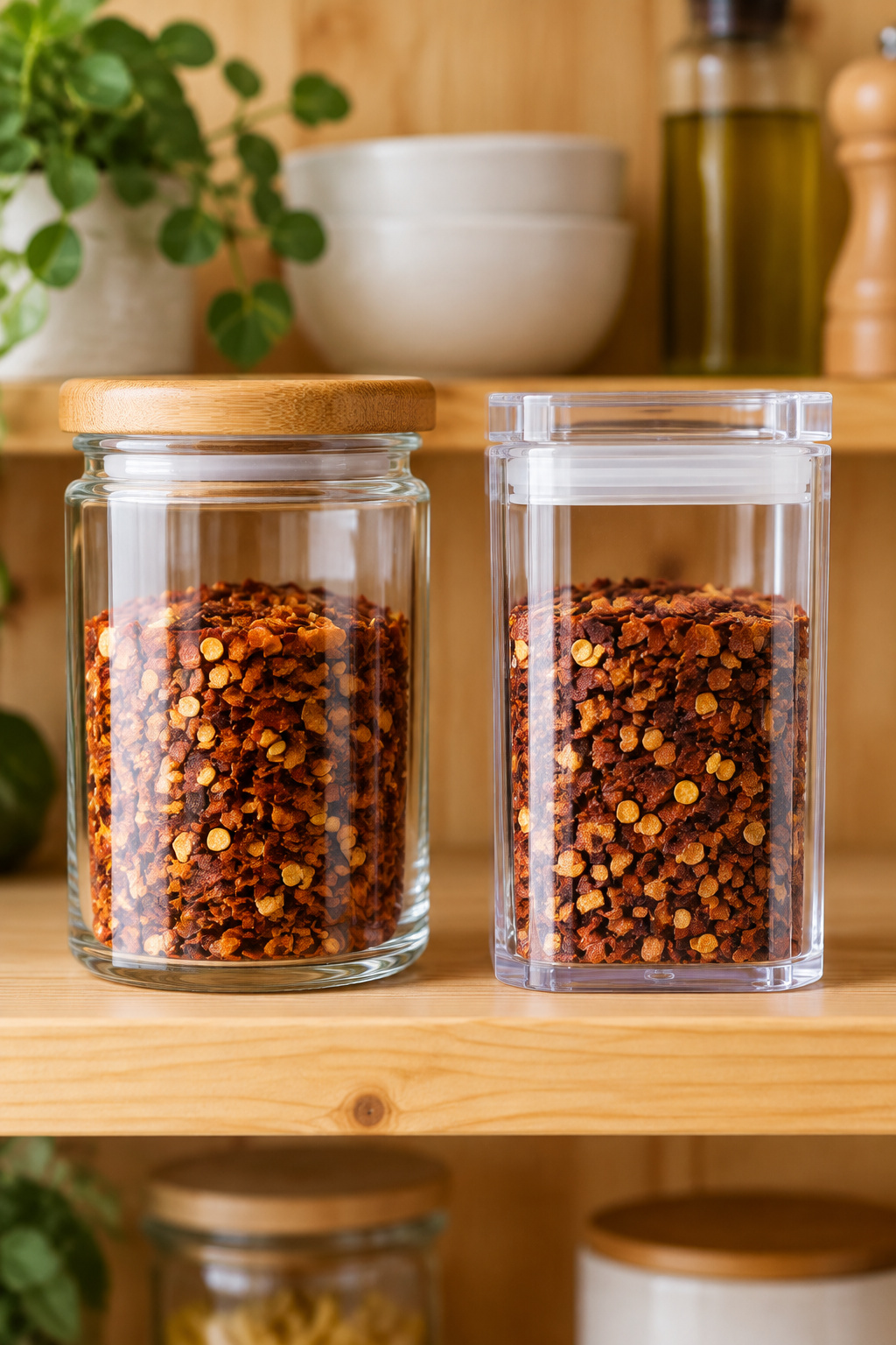 Glass canister and clear acrylic canister of the same size standing side by side on a pantry shelf, one holding dried red chili flakes