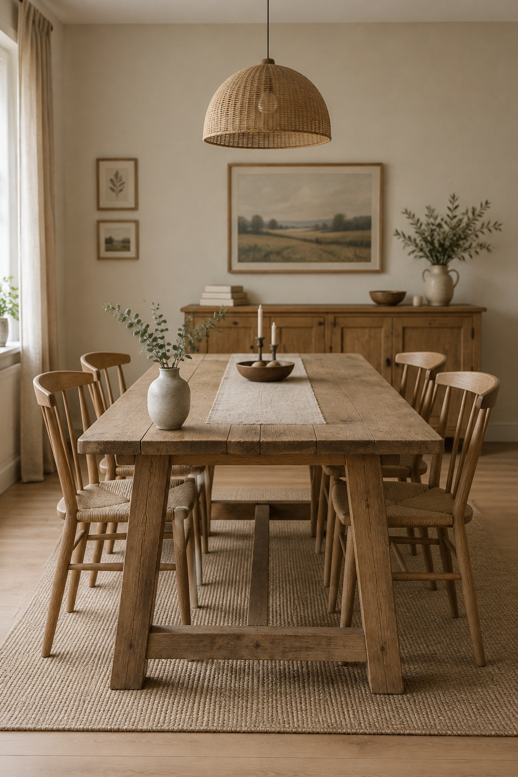 Full view of a gray-washed dining tabletop paired with a soft cream-painted trestle base in a daylight dining room