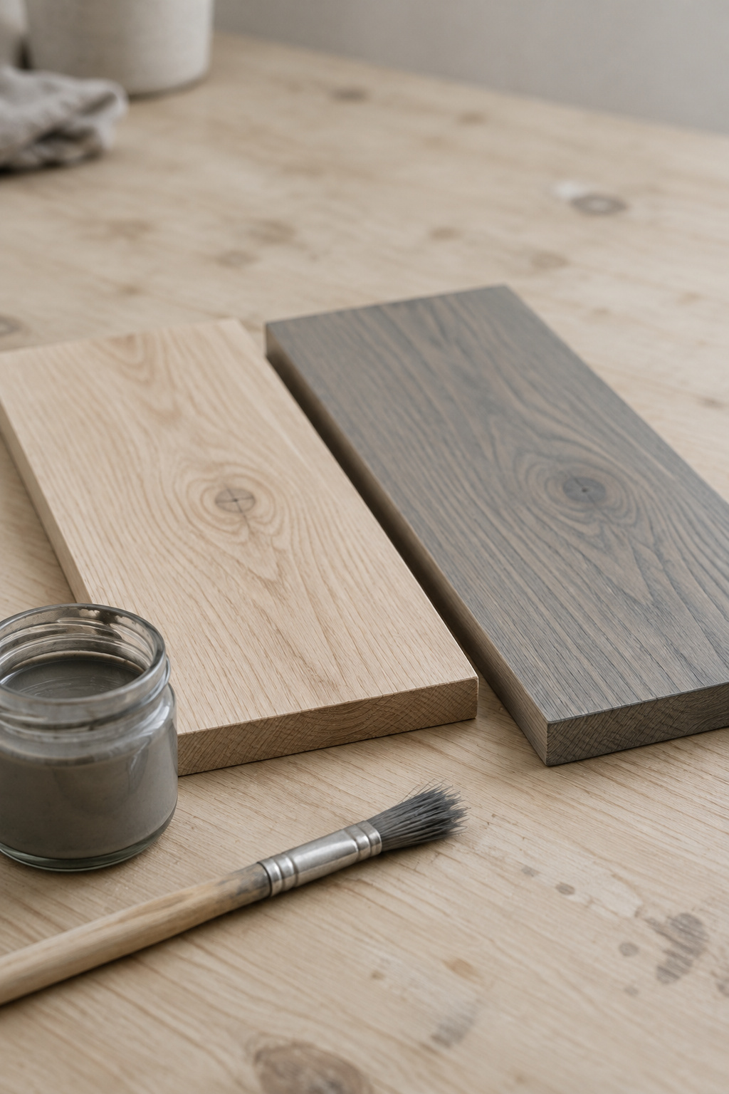 Three wood offcuts -- pine, oak, and walnut -- each tested with the same gray wash, showing different color results