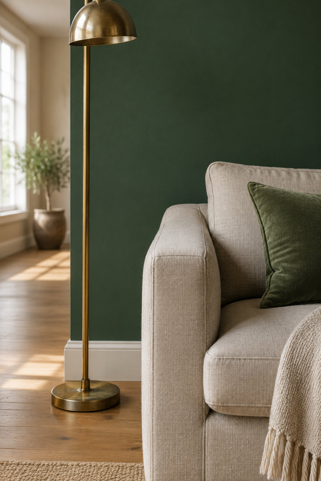 Deep green accent wall behind a linen sofa, the wall the living room's furniture already anchors against