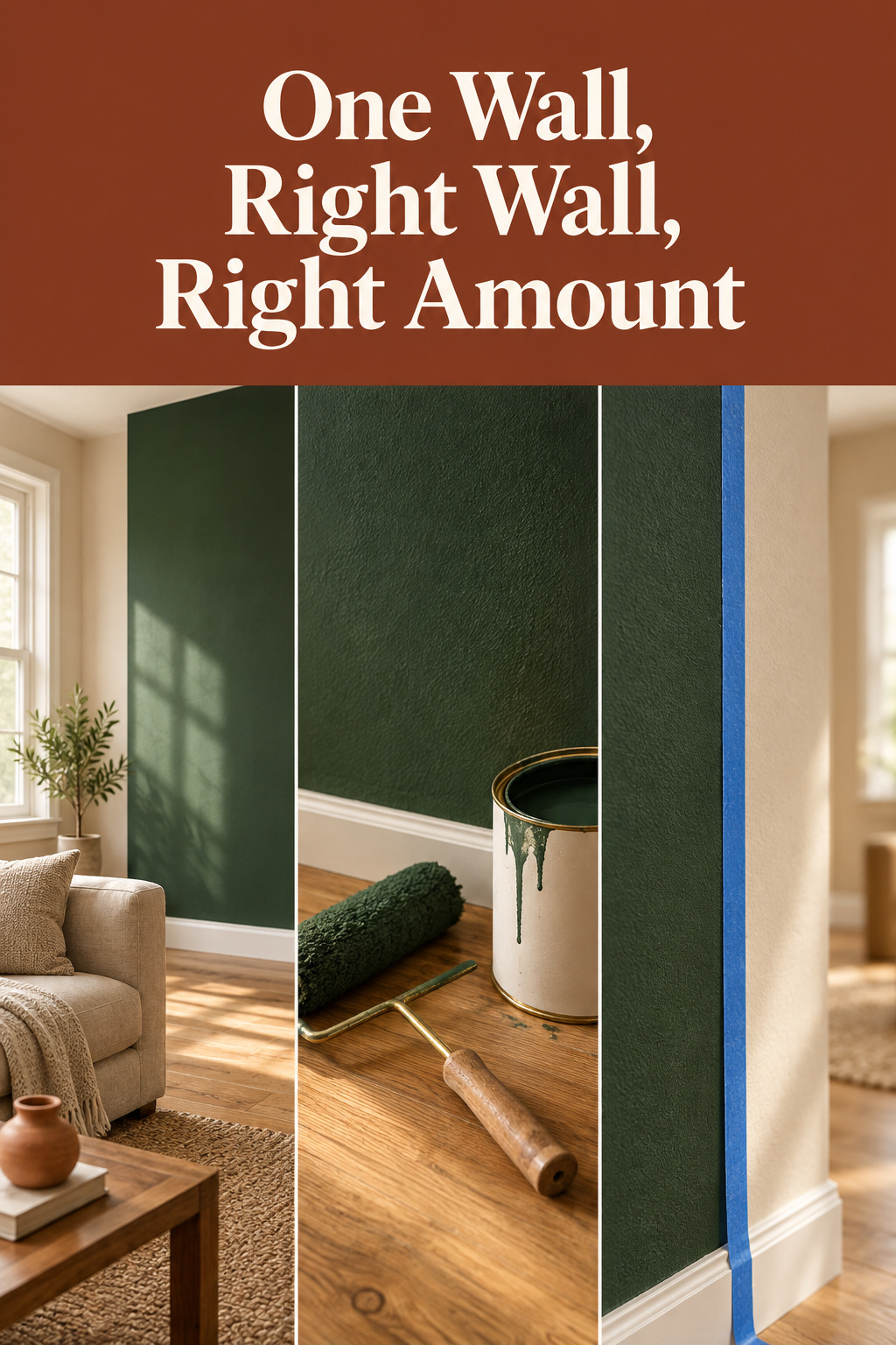 Pinterest pin showing a deep green accent wall, paint roller and can, and painter's tape prep with the headline One Wall, Right Wall, Right Amount