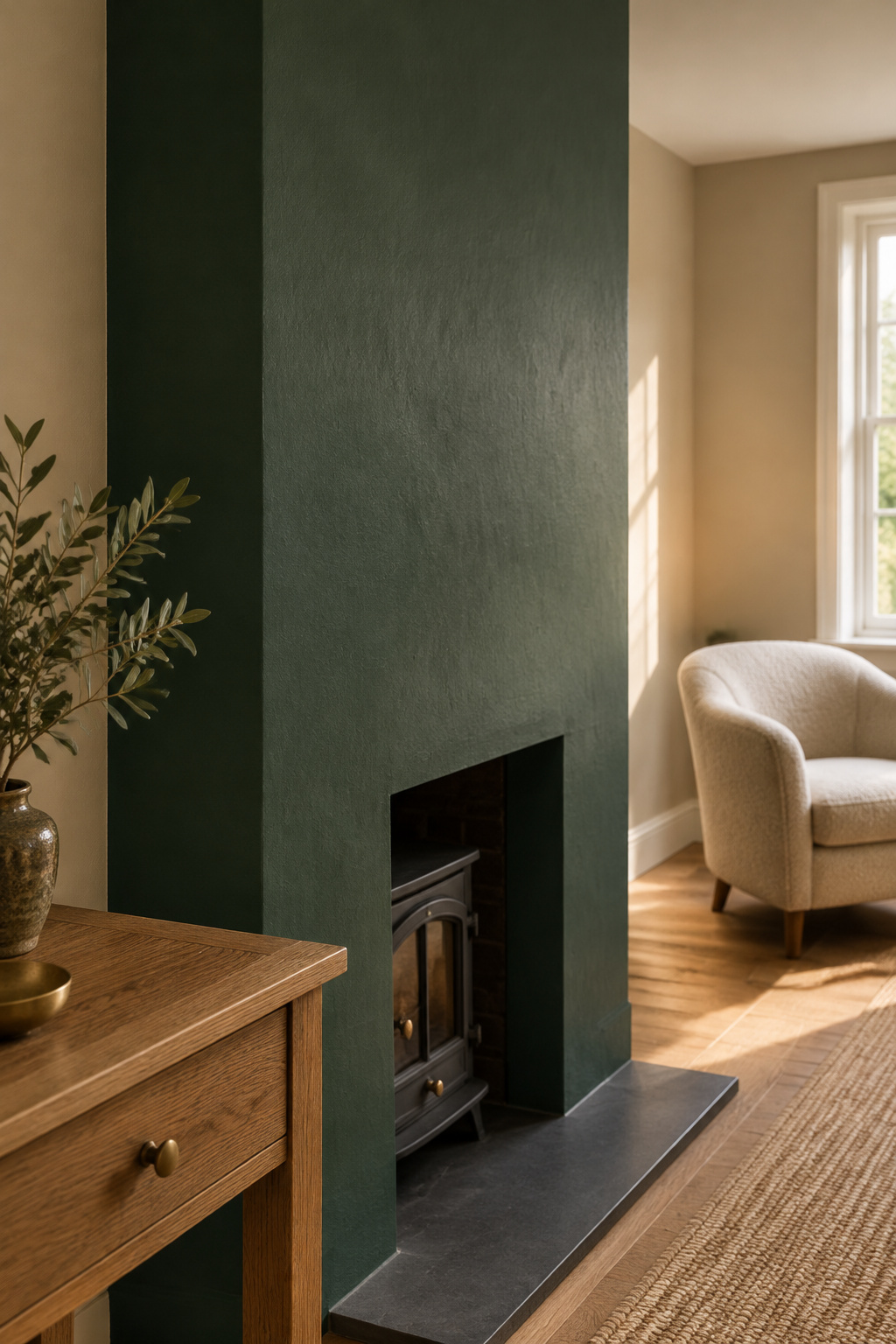 Deep green painted chimney breast accent wall in a living room with pale oatmeal walls and warm oak furniture