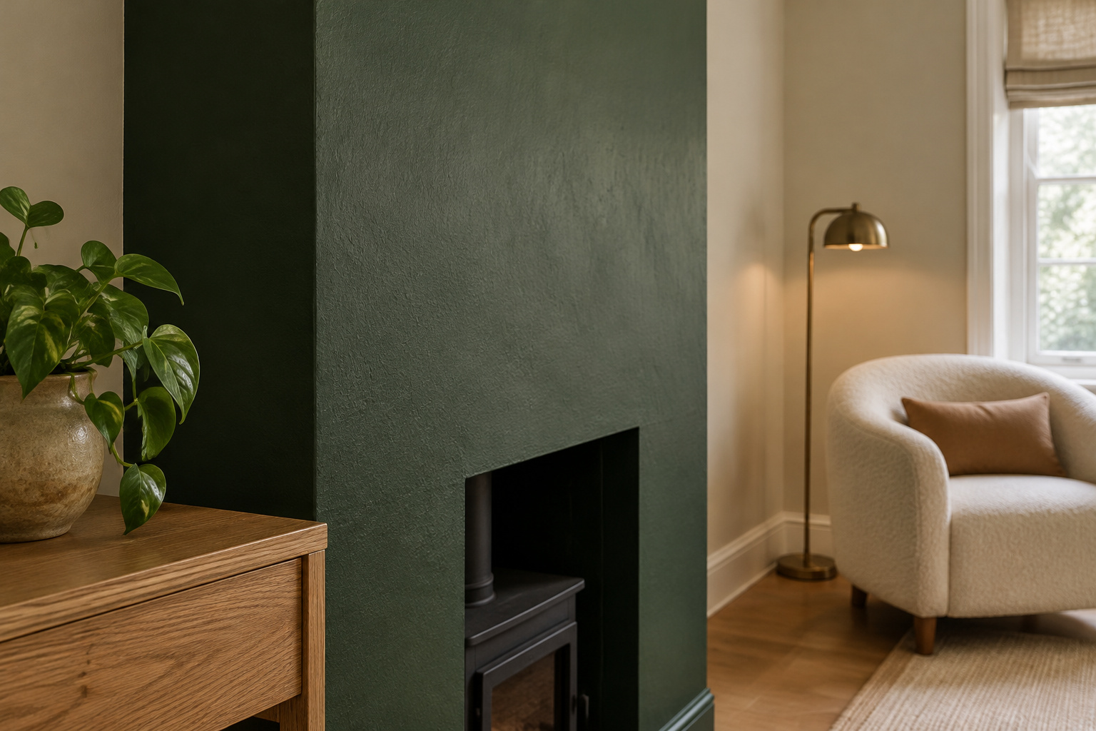 Deep green painted chimney breast accent wall in a living room with pale oatmeal walls and warm oak furniture
