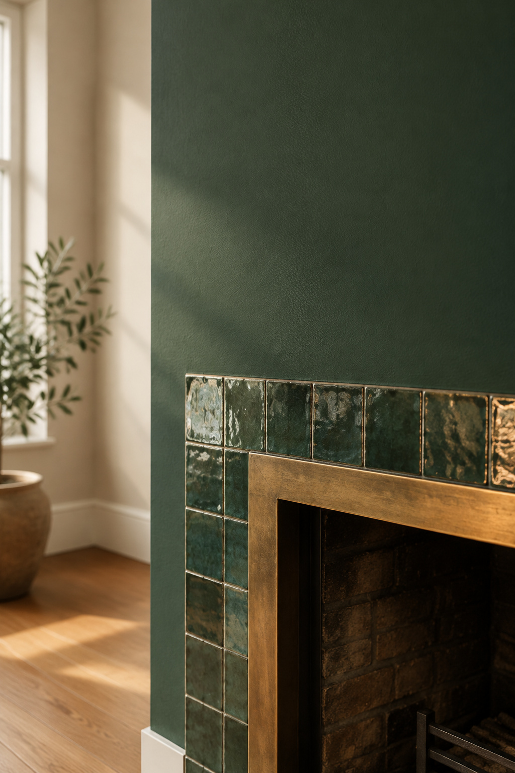 Deep green painted chimney breast wall meeting a zellige tile fireplace surround at a clean paint line