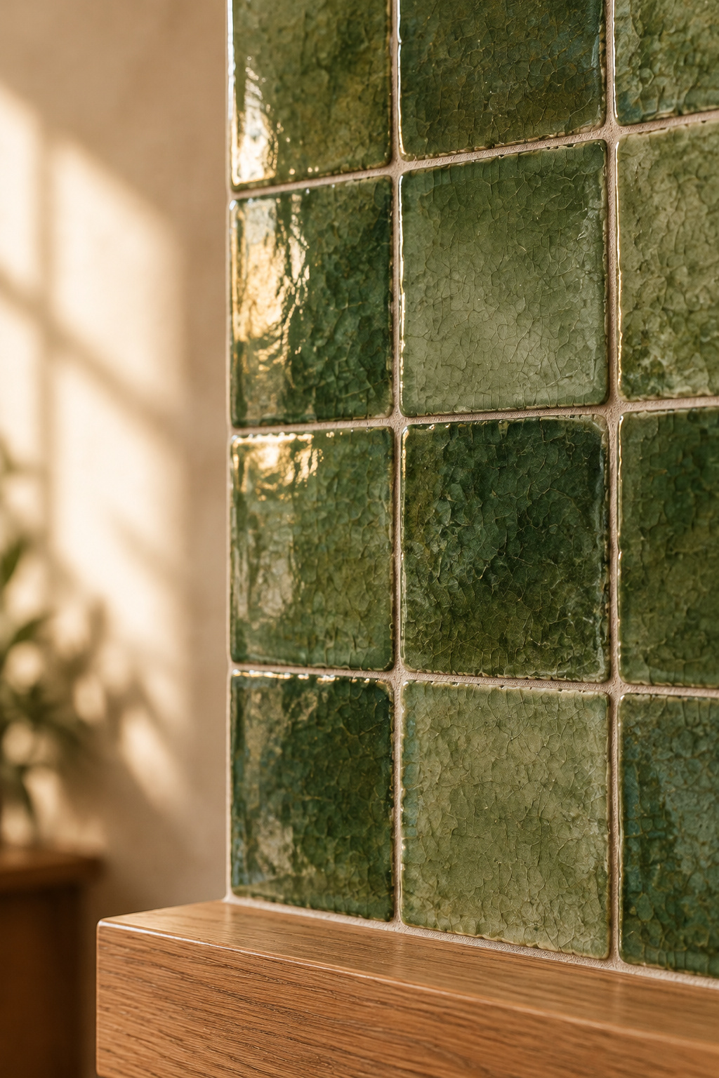 Close detail of handmade green crackle-glaze zellige tile with warm oak trim in daylight