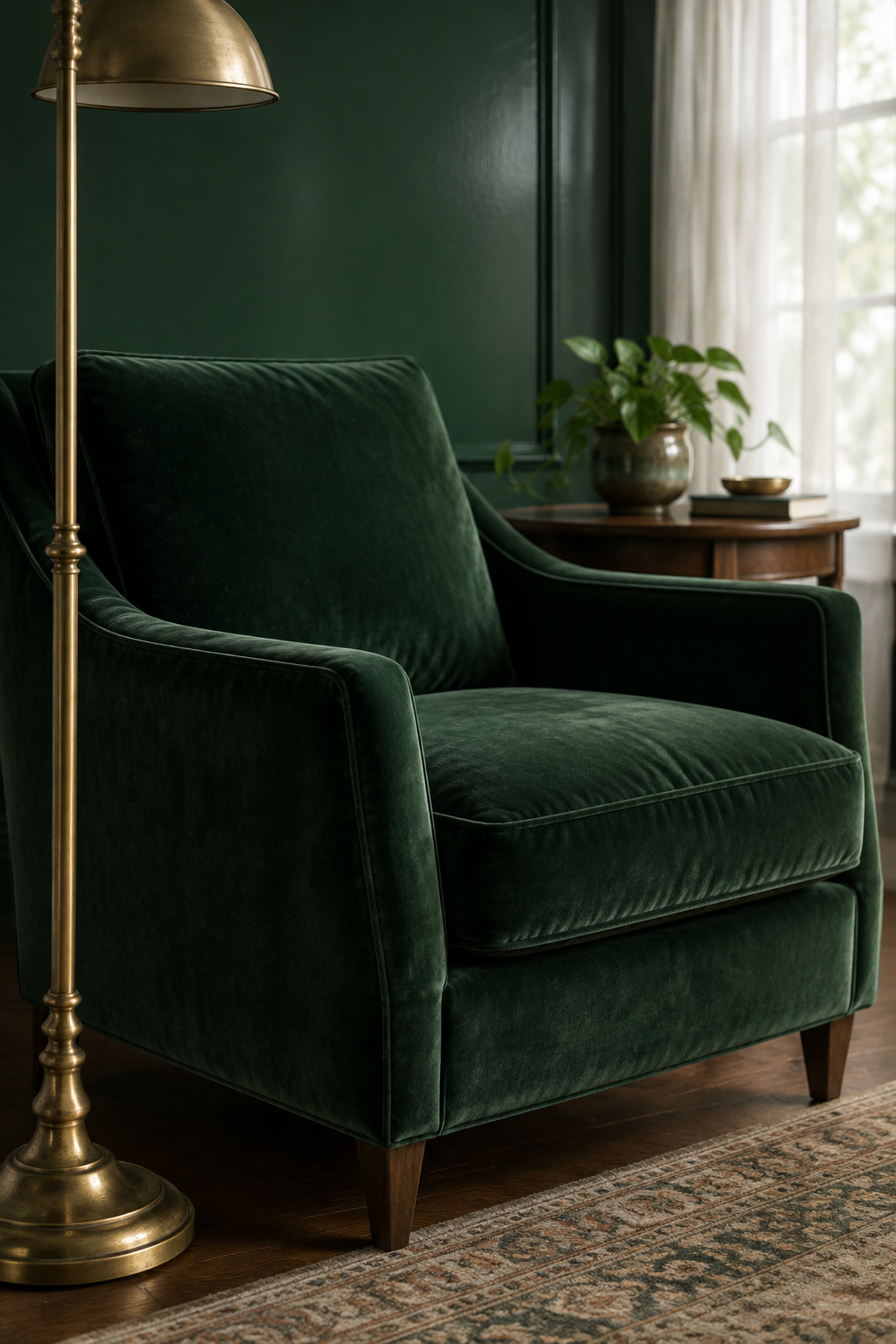 Deep bottle green velvet armchair against a matching bottle green wall with an aged brass floor lamp in daylight