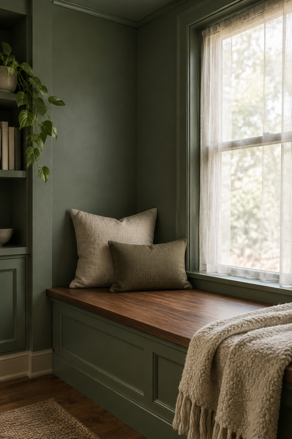 Small reading nook with walls, trim and ceiling all painted the same deep sage green, lit by a sheer-curtained window