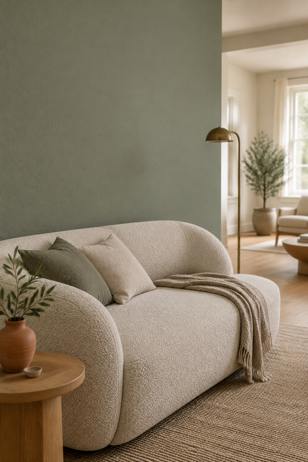 Grey-leaning sage green living room wall behind a boucle sofa with a terracotta vase and brass floor lamp in daylight