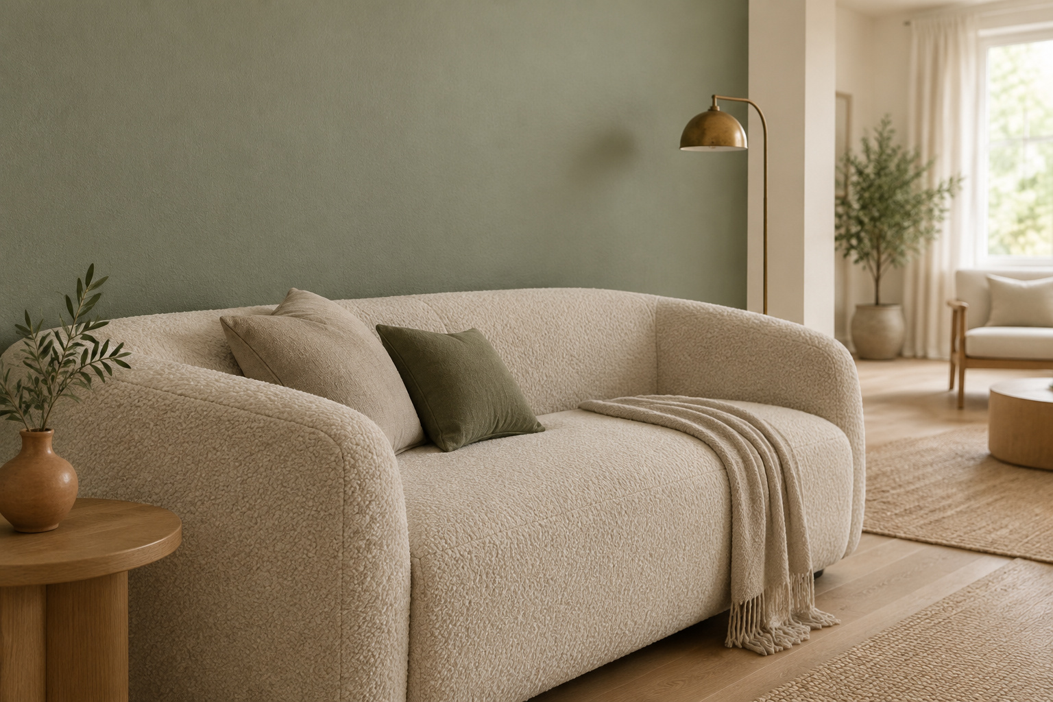 Grey-leaning sage green living room wall behind a boucle sofa with a terracotta vase and brass floor lamp in daylight