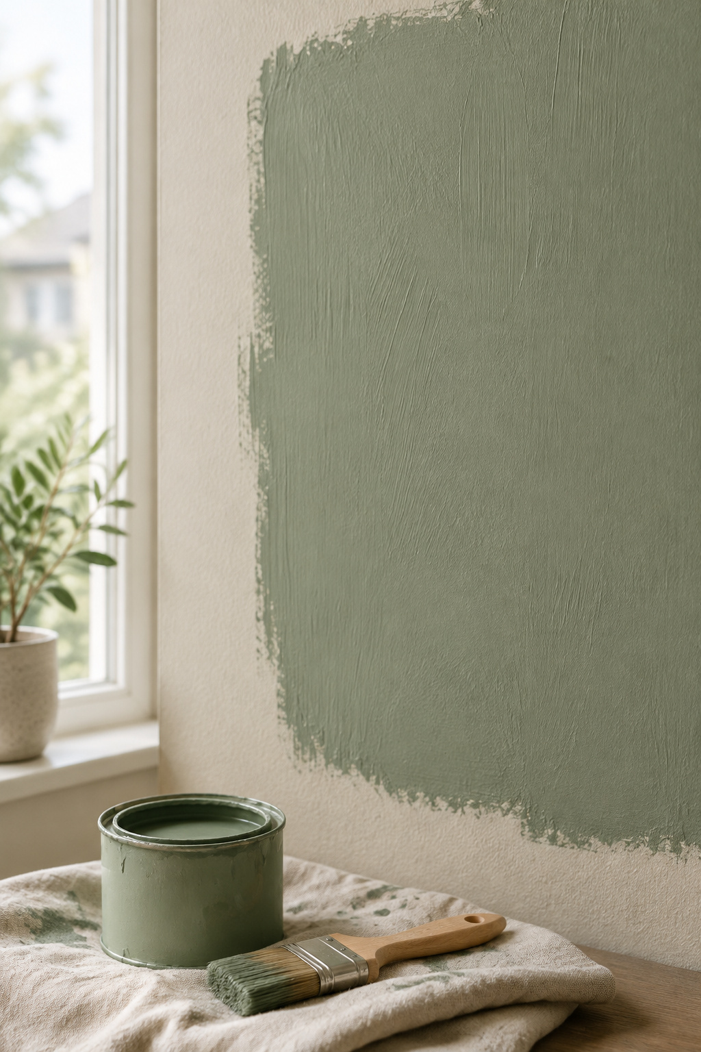 Large freshly-brushed sage green sample swatch on an oatmeal wall beside a daylit window, with an open paint pot and brush