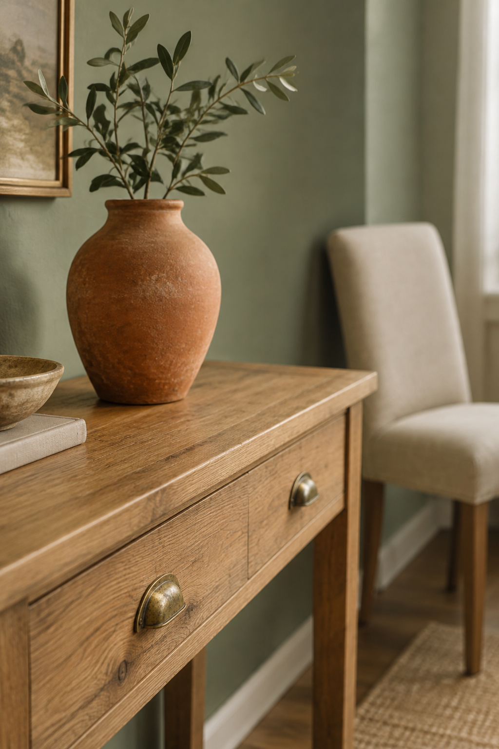Warm oak console table against a sage green wall with a terracotta vase and aged brass drawer pulls