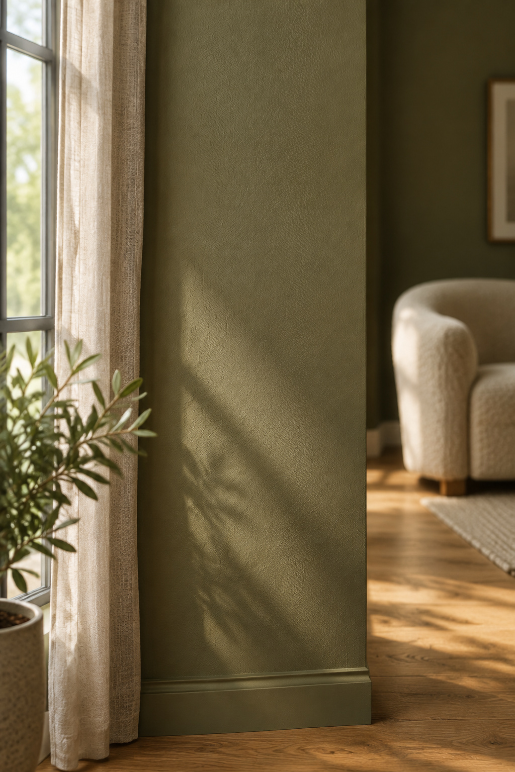 Warm olive green living room wall lit by strong daylight from a tall side window