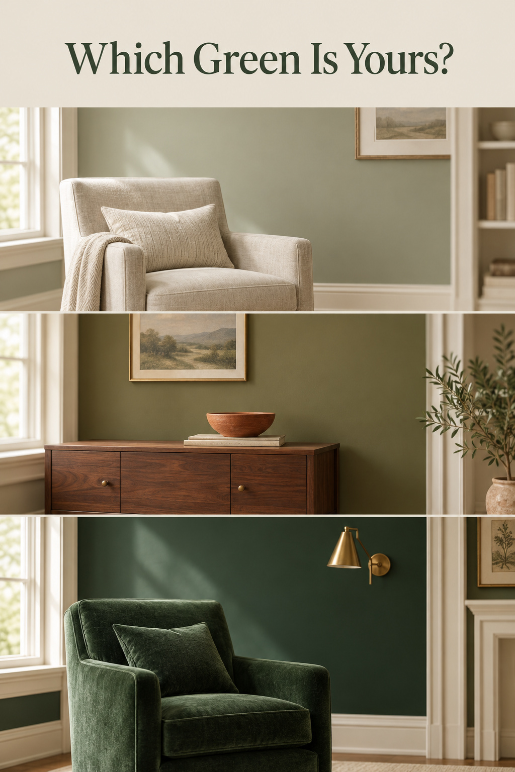 Three-panel Pinterest collage of pale sage, warm olive, and deep bottle green living room walls with the headline Which Green Is Yours
