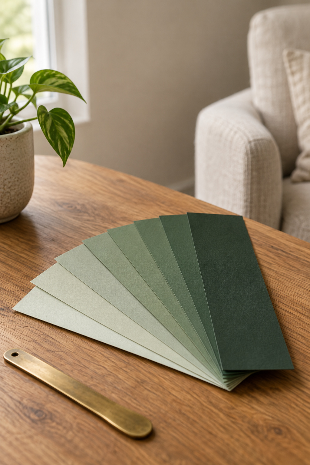 Fanned stack of green paint sample cards ranging from pale sage to deep bottle green on an oak table