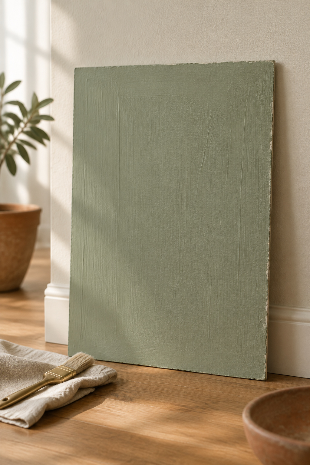 Large sage green paint sample board leaning against an oatmeal wall with a brass paintbrush and linen cloth