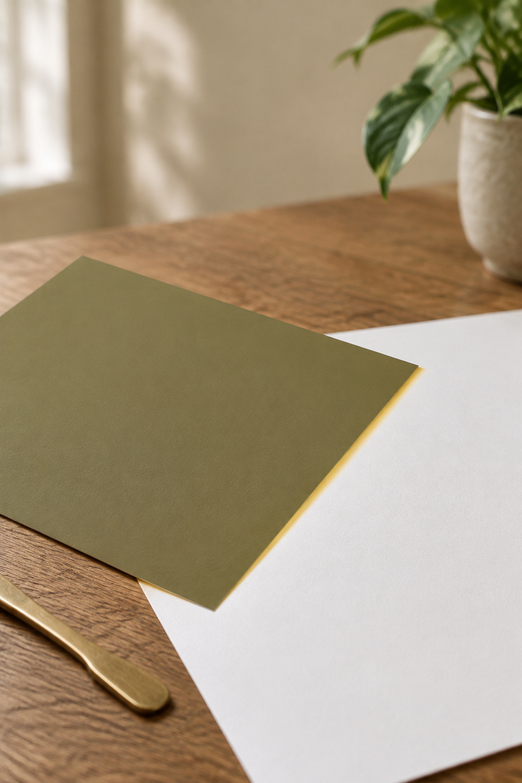 Warm olive green paint chip held against a sheet of pure white paper on an oak table, showing its yellow undertone