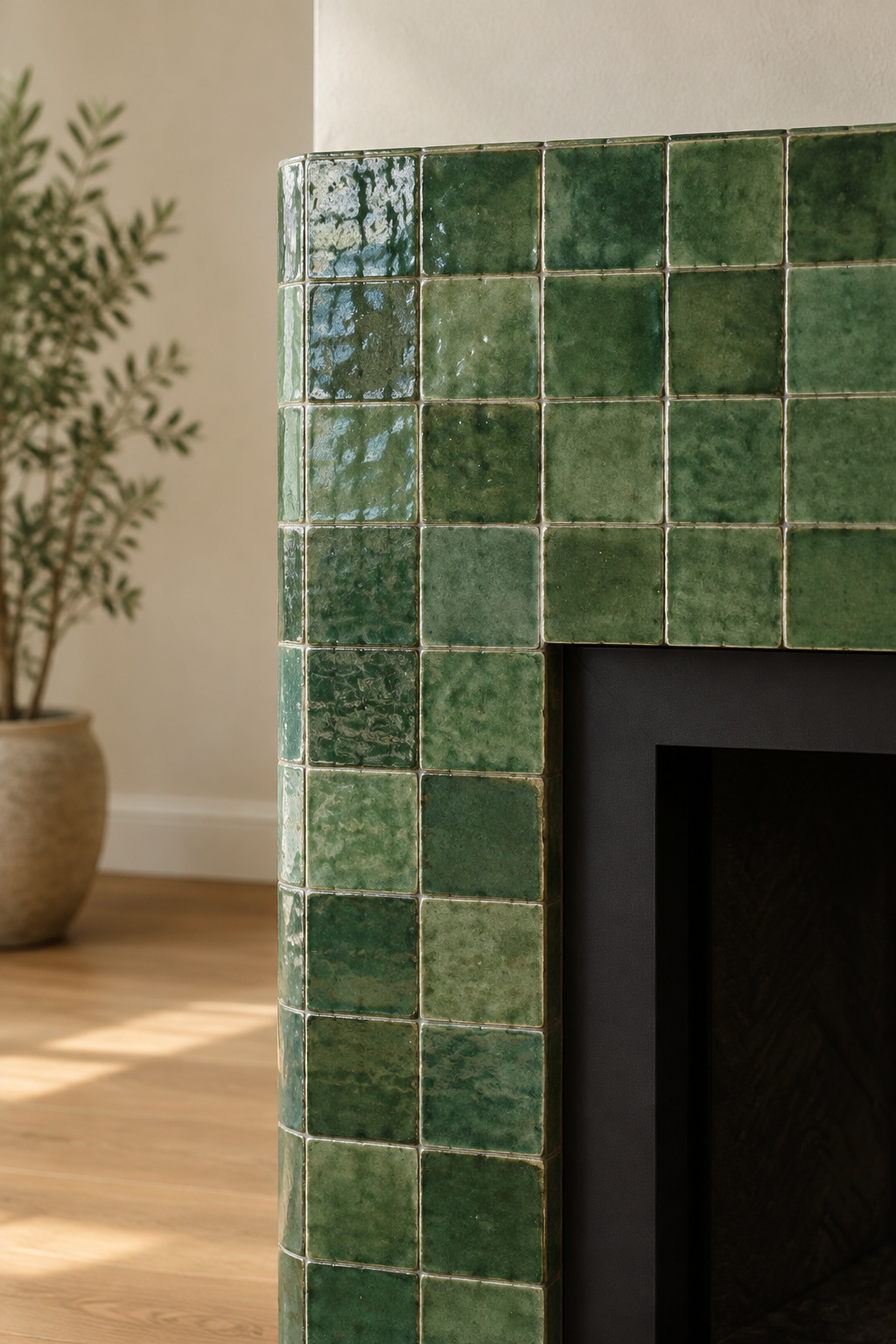 Handmade green zellige tile fireplace surround with a matte black firebox opening