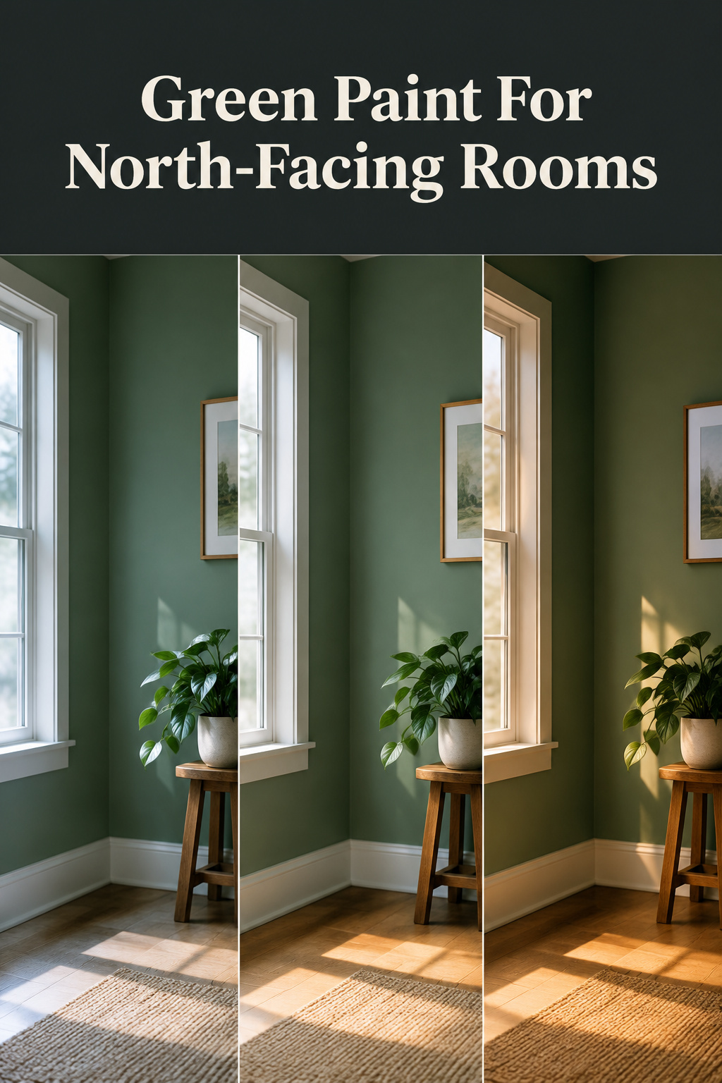 Pinterest pin collage of a green living room wall shown in morning, midday and late-afternoon daylight with the headline Green Paint For North-Facing Rooms