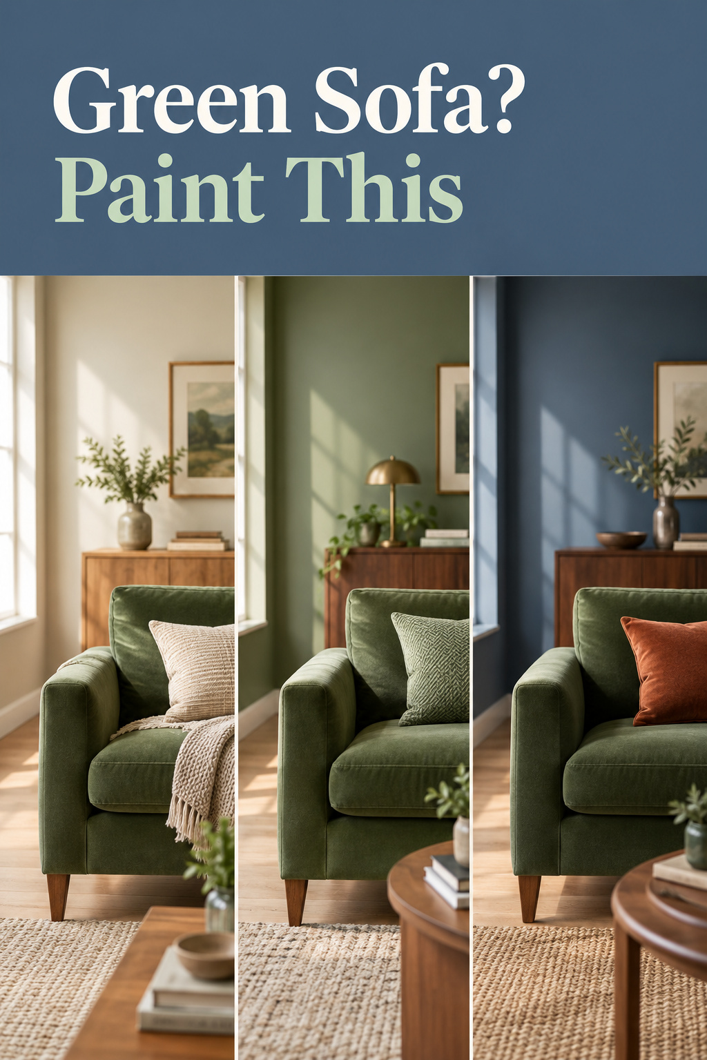 Three-panel Pinterest collage showing a green velvet sofa, a fabric swatch comparison, and a wall being repainted