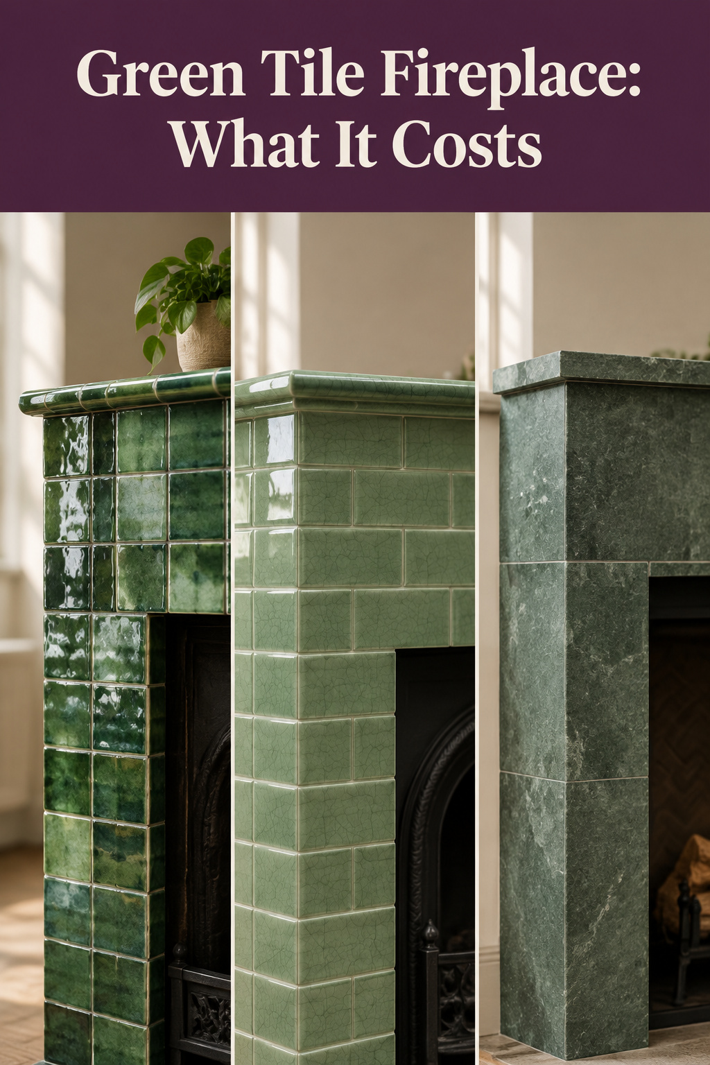 Pinterest pin comparing three green tile classes for a fireplace surround: zellige, crackle-glaze ceramic and honed stone
