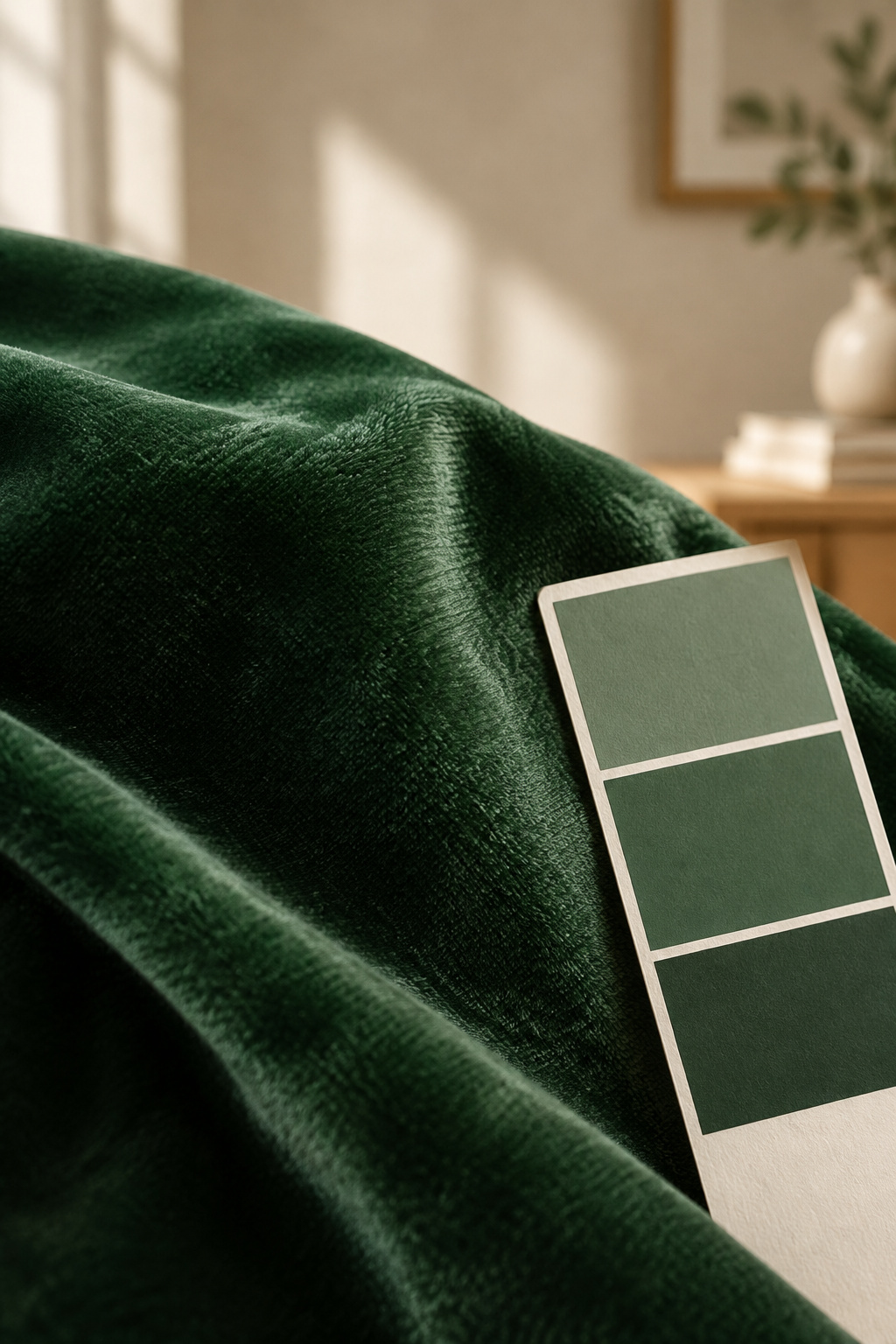Close-up of green velvet sofa fabric with a paint swatch card held against it showing a slight color difference