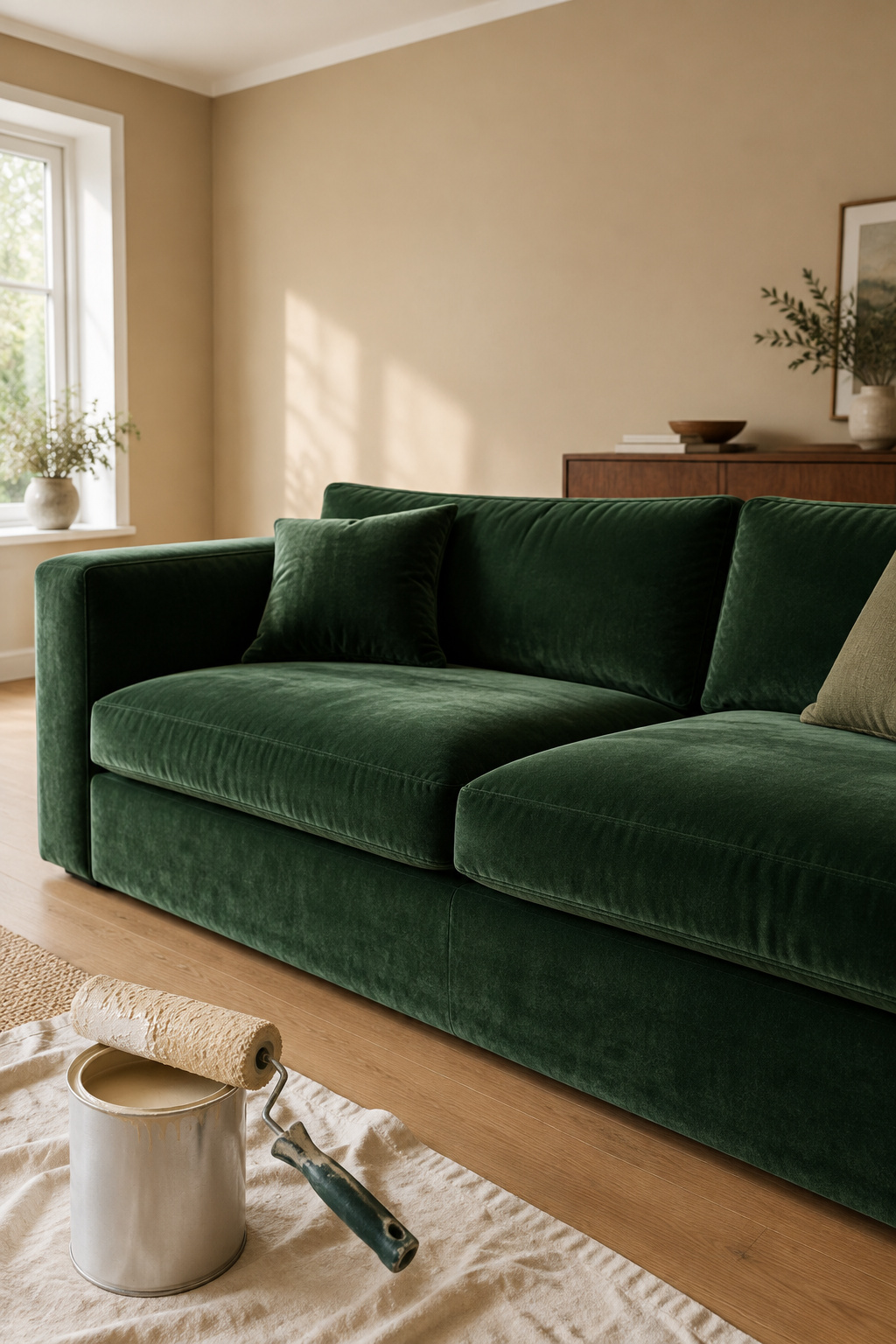 Deep green velvet sofa against a freshly painted warm biscuit living room wall with a paint can and roller nearby