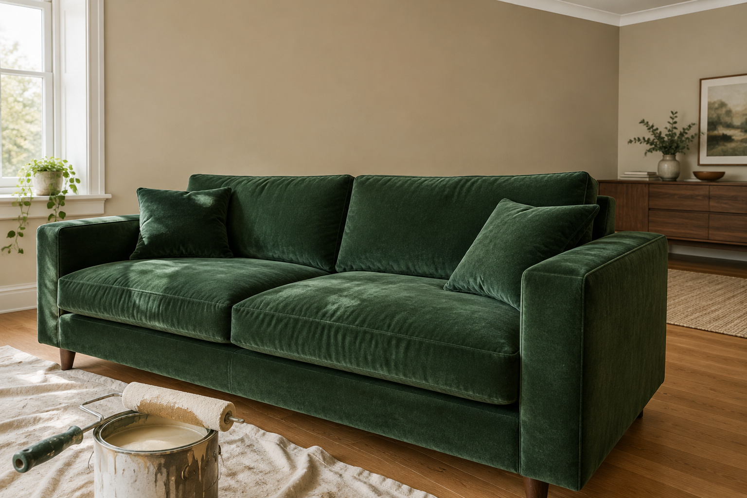 Deep green velvet sofa against a freshly painted warm biscuit living room wall with a paint can and roller nearby