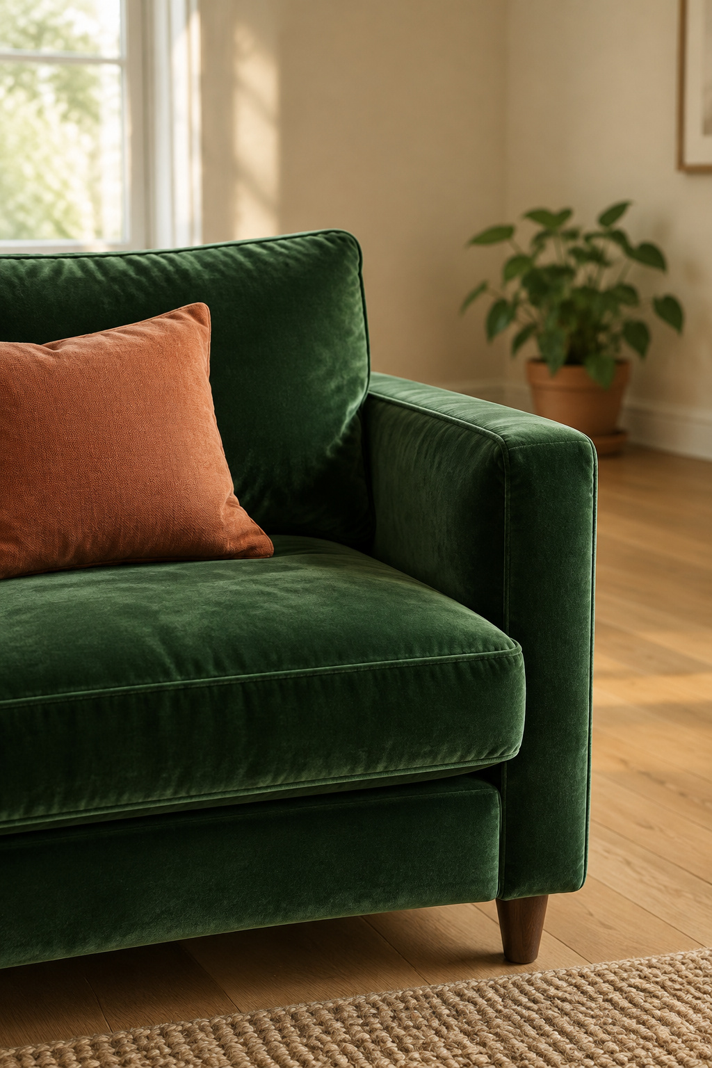 Deep green velvet sofa with a terracotta cushion in a warm oatmeal-toned living room with oak flooring