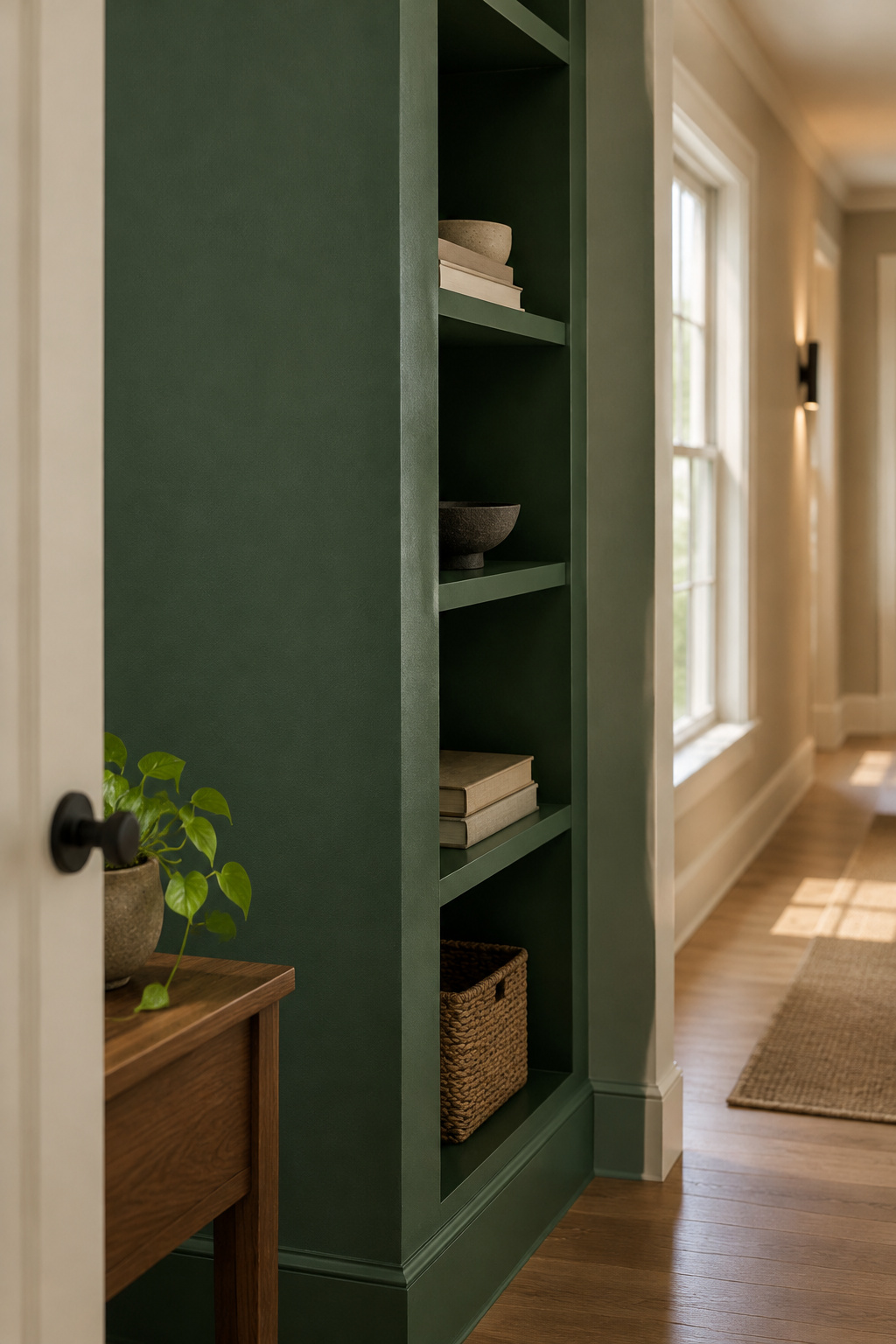 Sightline from a living room doorway toward a deep green painted alcove wall