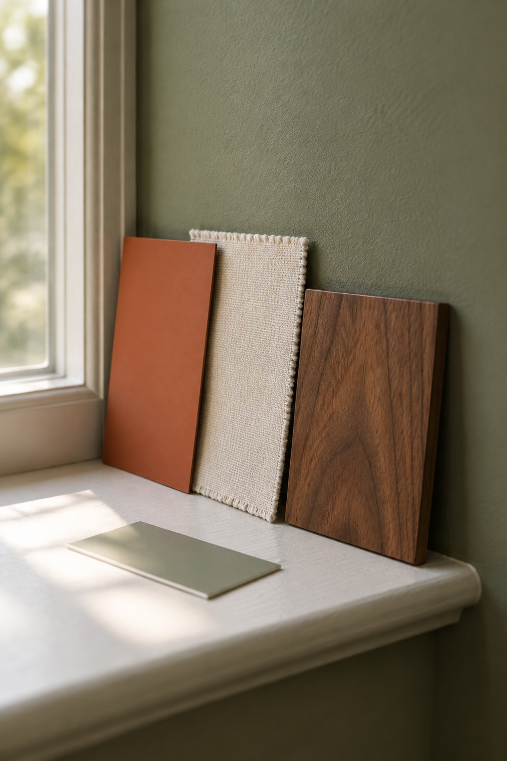 Terracotta, cream linen and walnut wood swatches propped on a windowsill against a sage-olive green wall