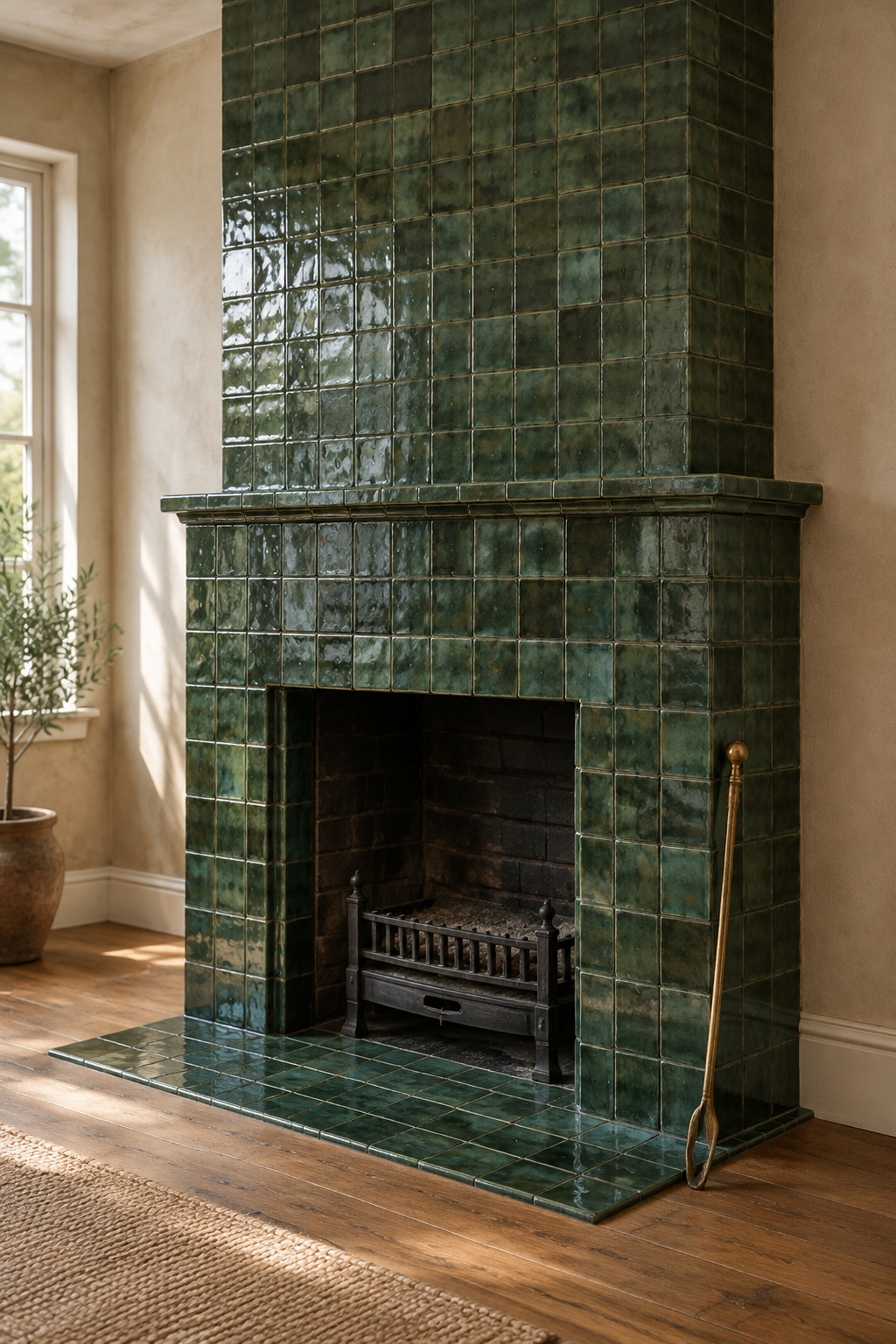 Handmade bottle-green zellige tile fireplace surround with an unlit firebox, lit by daylight from a side window