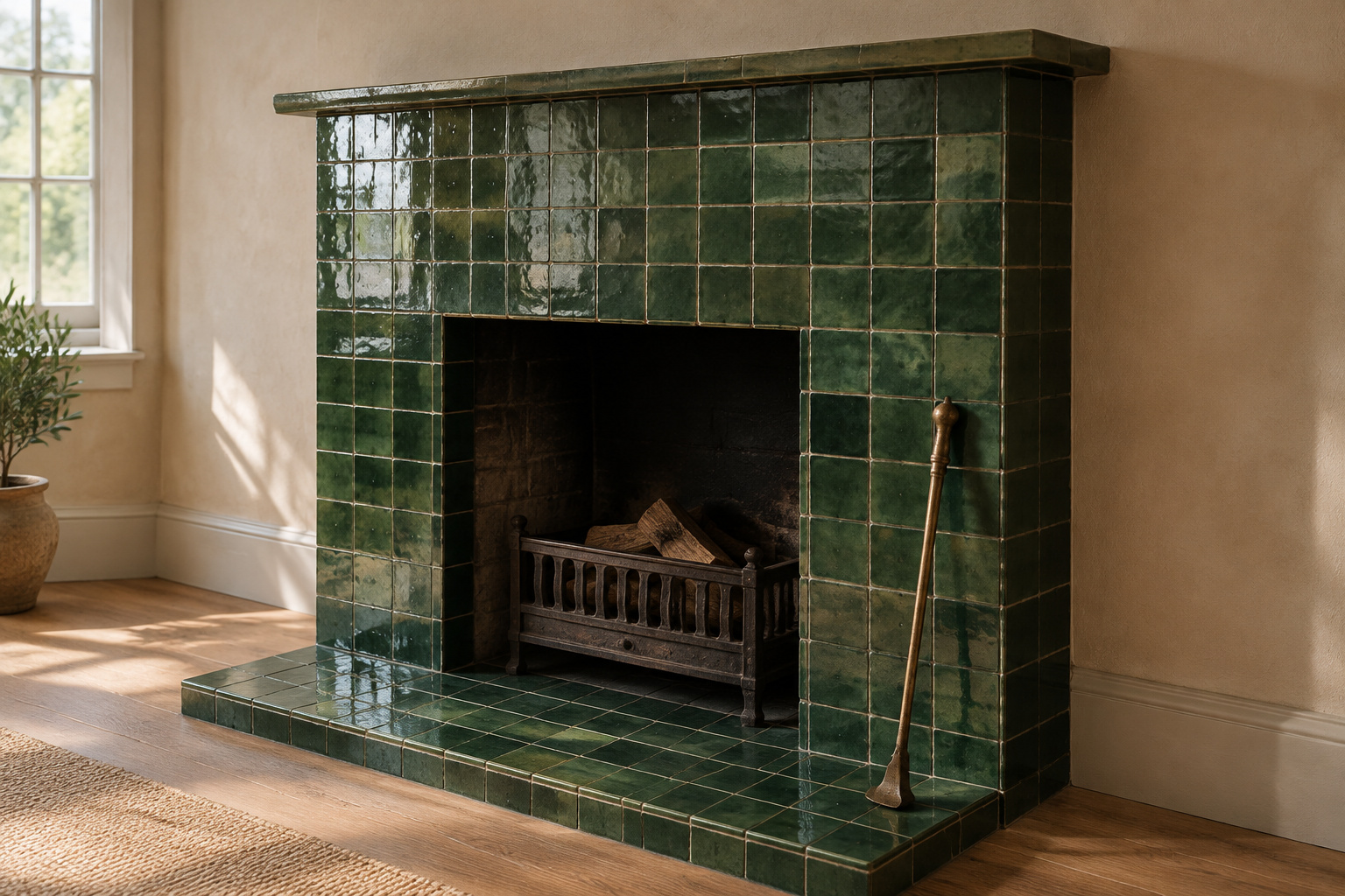Handmade bottle-green zellige tile fireplace surround with an unlit firebox, lit by daylight from a side window
