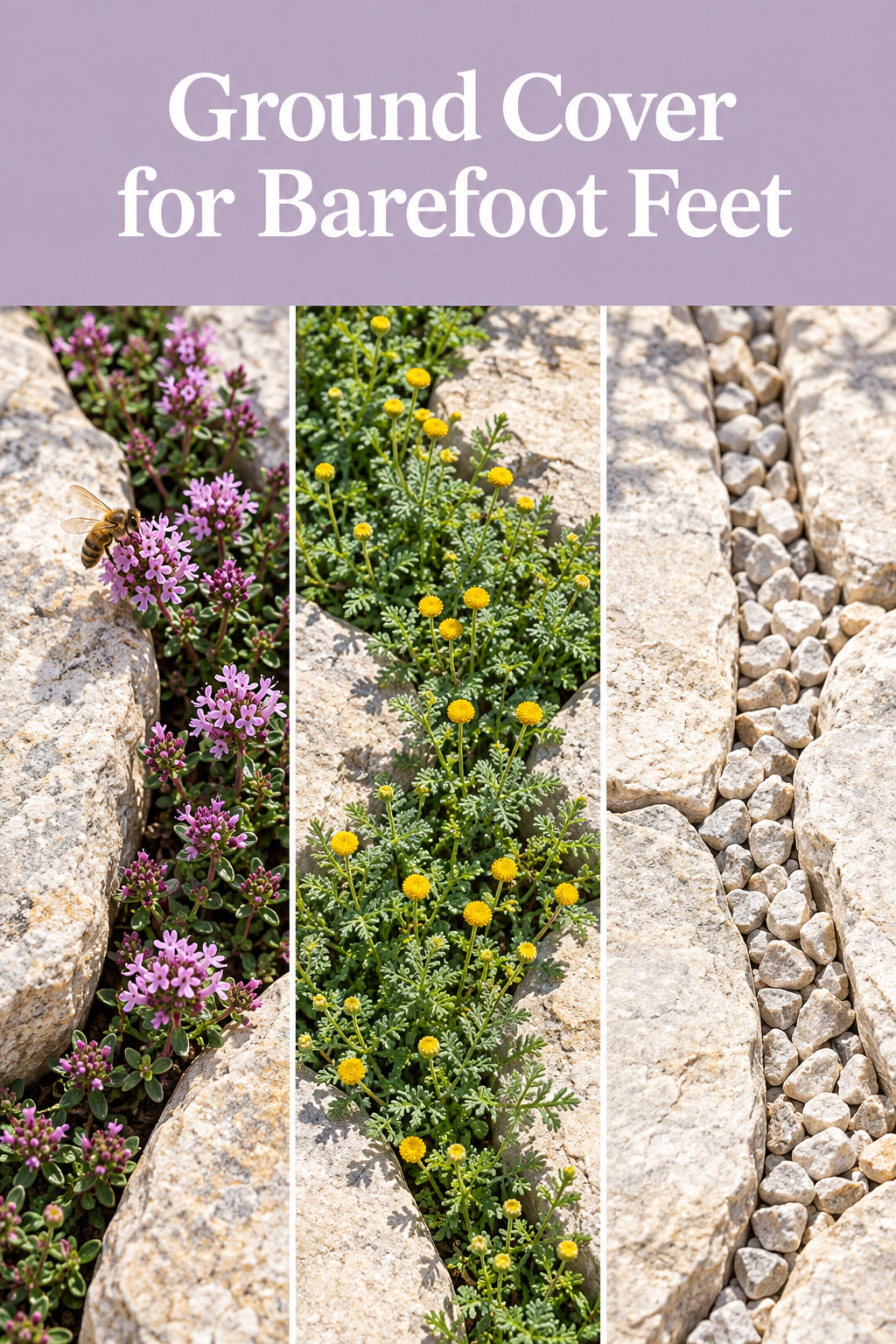 Pinterest collage of a bee on thyme, a ferny mat between flagstones and a gravel-packed gap under a dusty lavender band carrying the headline Ground Cover for Barefoot Feet