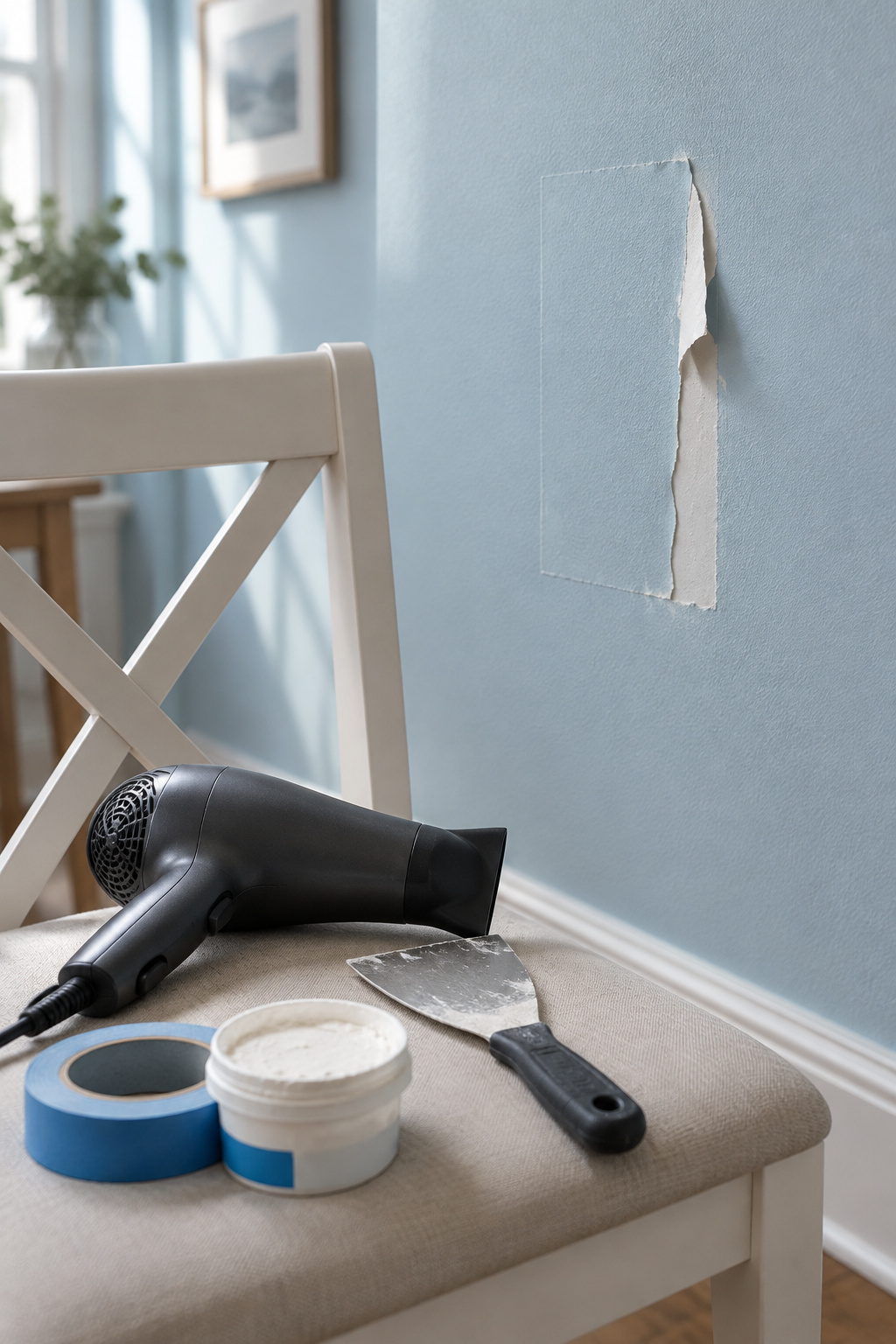 A hair dryer and plastic putty knife on a dining chair in front of a powder blue wall where a plank has been peeled back to show a pale patch of lifted paint