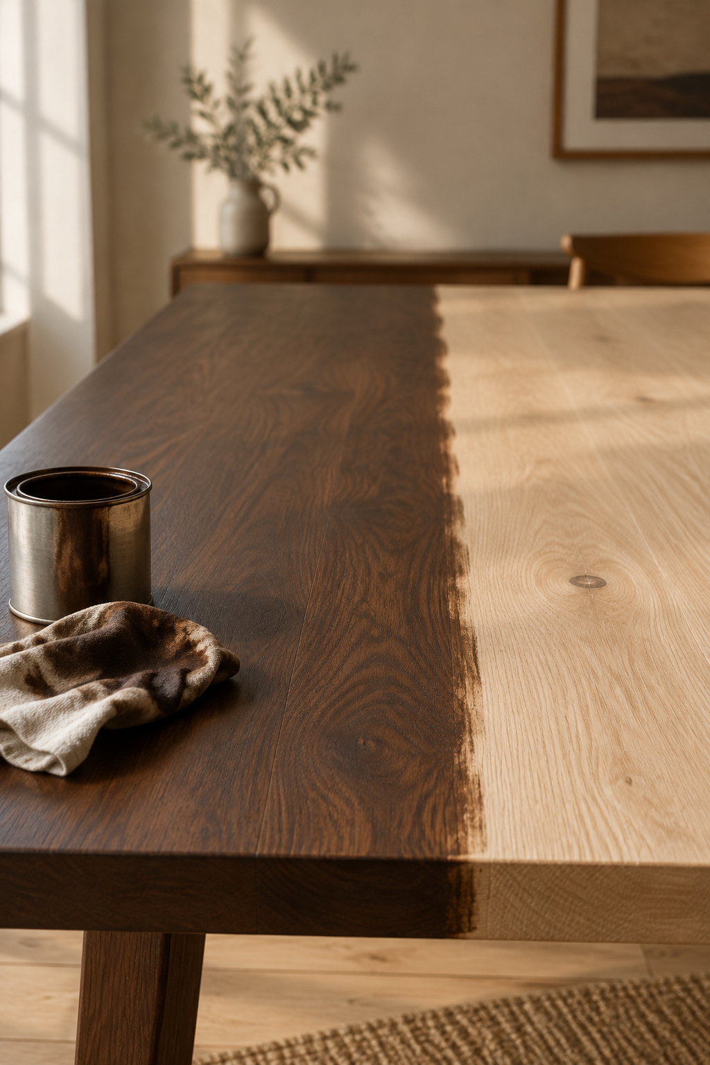 Dining tabletop mid-refinish with one half stained dark walnut and the other half still bare light oak