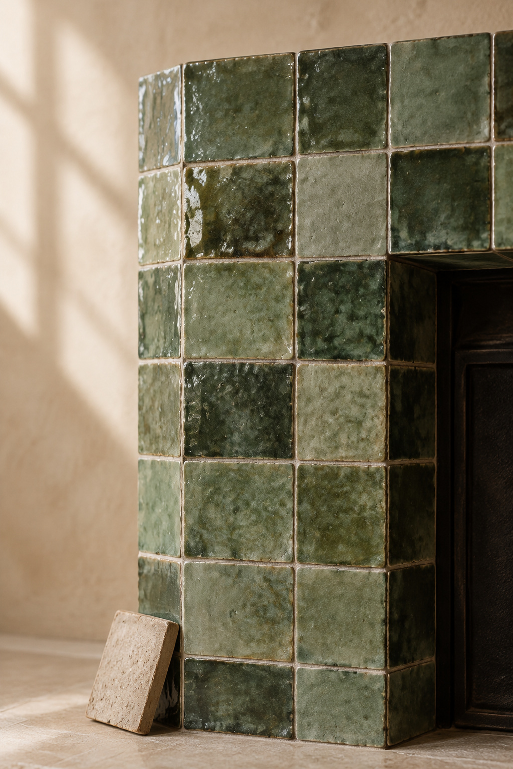 Close-up of handmade green zellige tile showing individually glazed colour variation from tile to tile on a fireplace surround