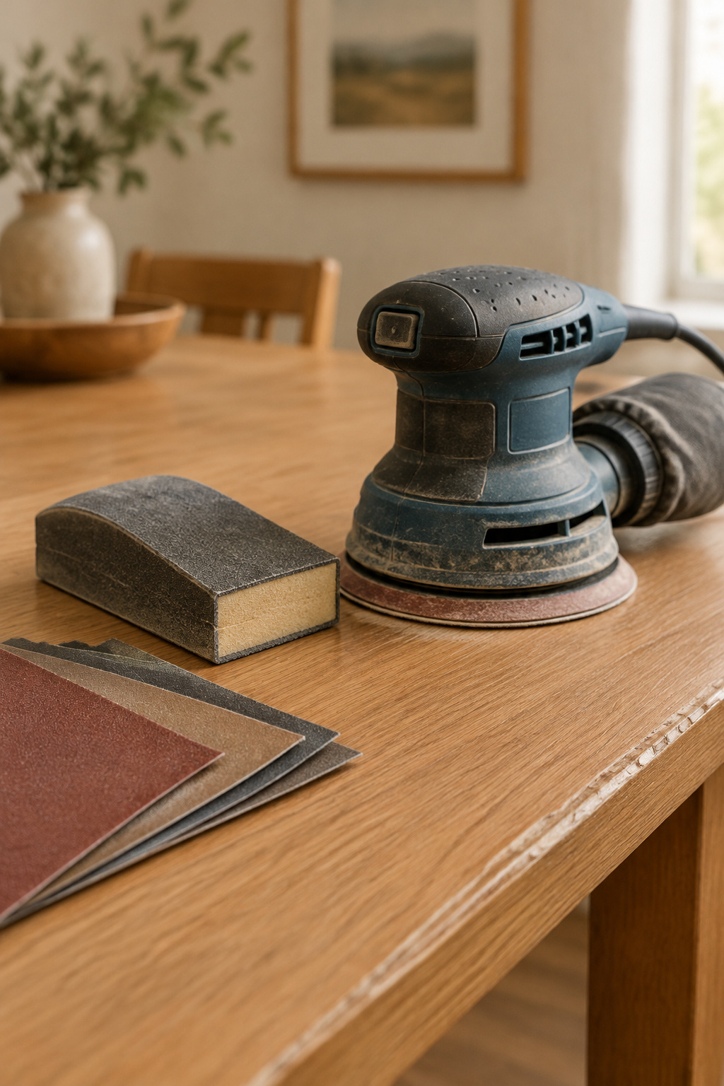 Manual sanding block and small random-orbital sander side by side on a veneer dining tabletop near a worn edge