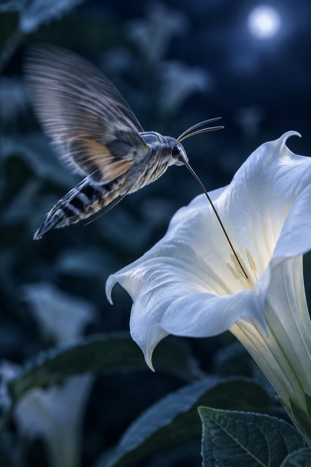 Hawkmoth hovering with its long proboscis extended into a white trumpet flower against a dark blue dusk background