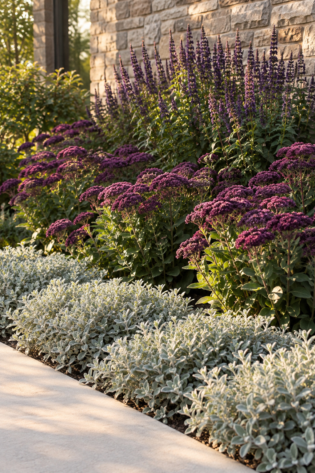 Low silvery groundcover along a walkway stepping up to taller deep-plum blooms further from the path