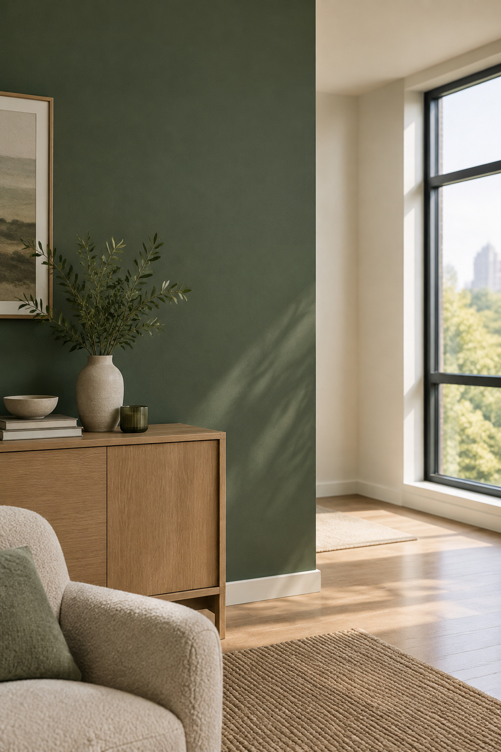 Heritage green accent wall behind a boucle armchair in a contemporary-built living room with large windows