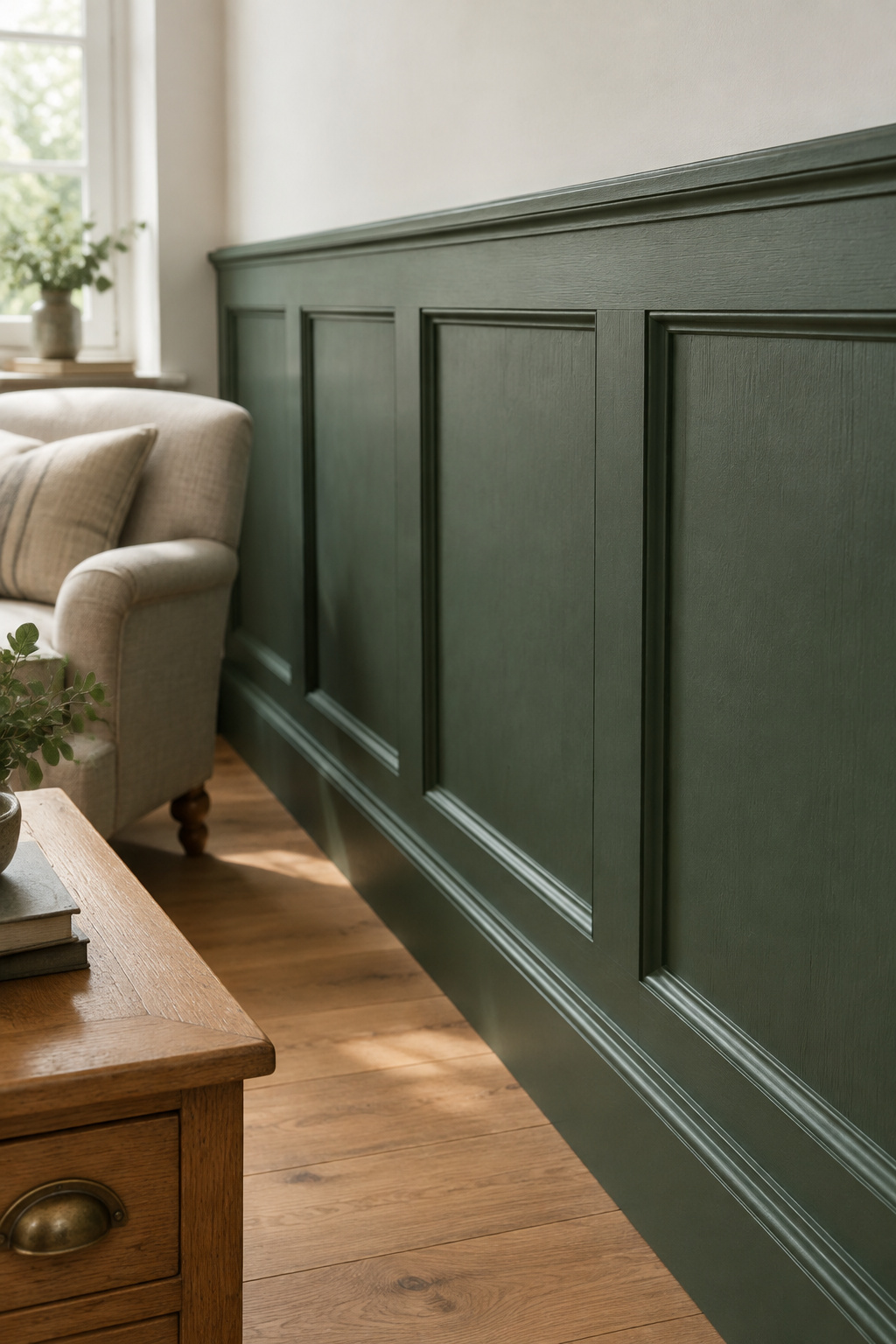 Deep heritage green painted wainscot panelling in a daylit living room with warm oak furniture and brass hardware