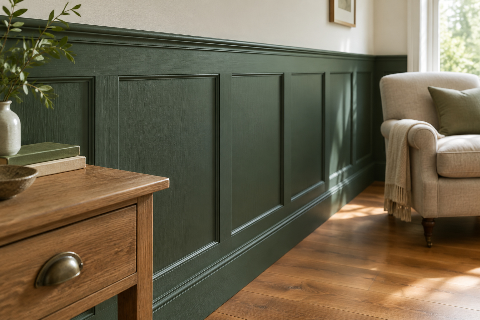 Deep heritage green painted wainscot panelling in a daylit living room with warm oak furniture and brass hardware