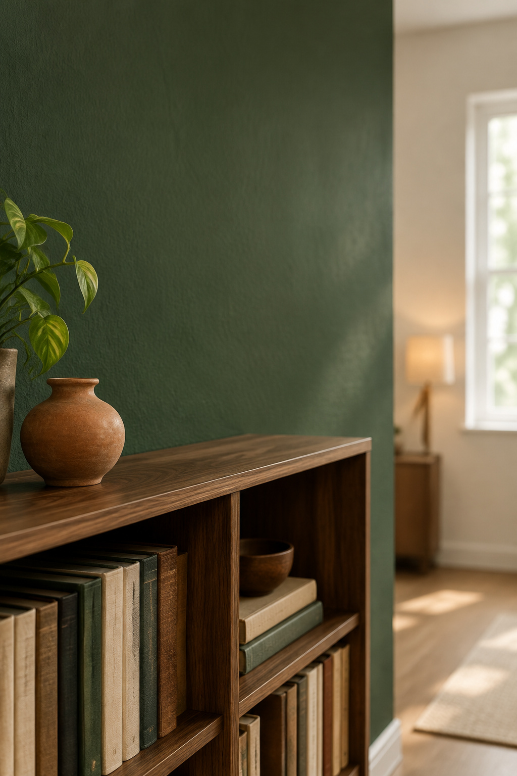 Deep heritage-toned green accent wall behind a walnut bookshelf in a warm-neutral living room