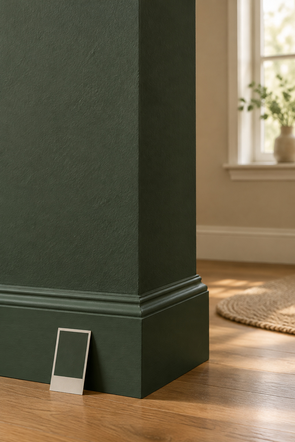 Corner of a deep heritage green painted wall beside a small modern paint swatch card in daylight