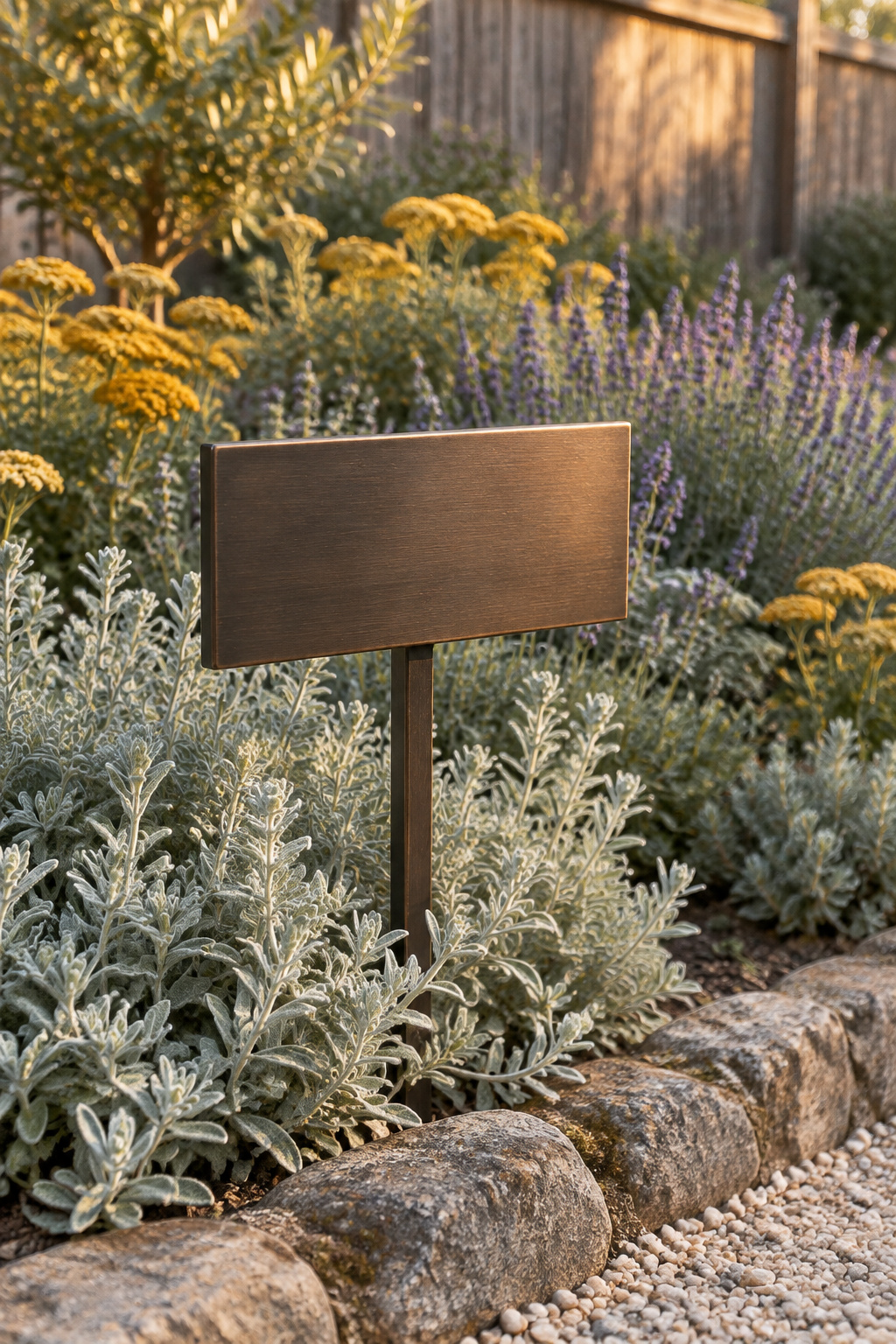 Blank metal garden marker staked in a layered pollinator bed at the front of a house, viewed from the pavement