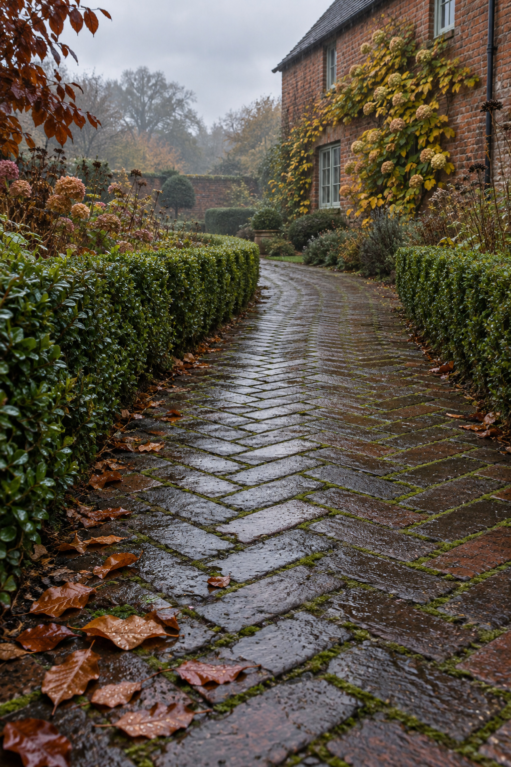 Wet herringbone brick path curving through box hedging toward an old brick house, with moss in the joints and beech leaves on the bricks
