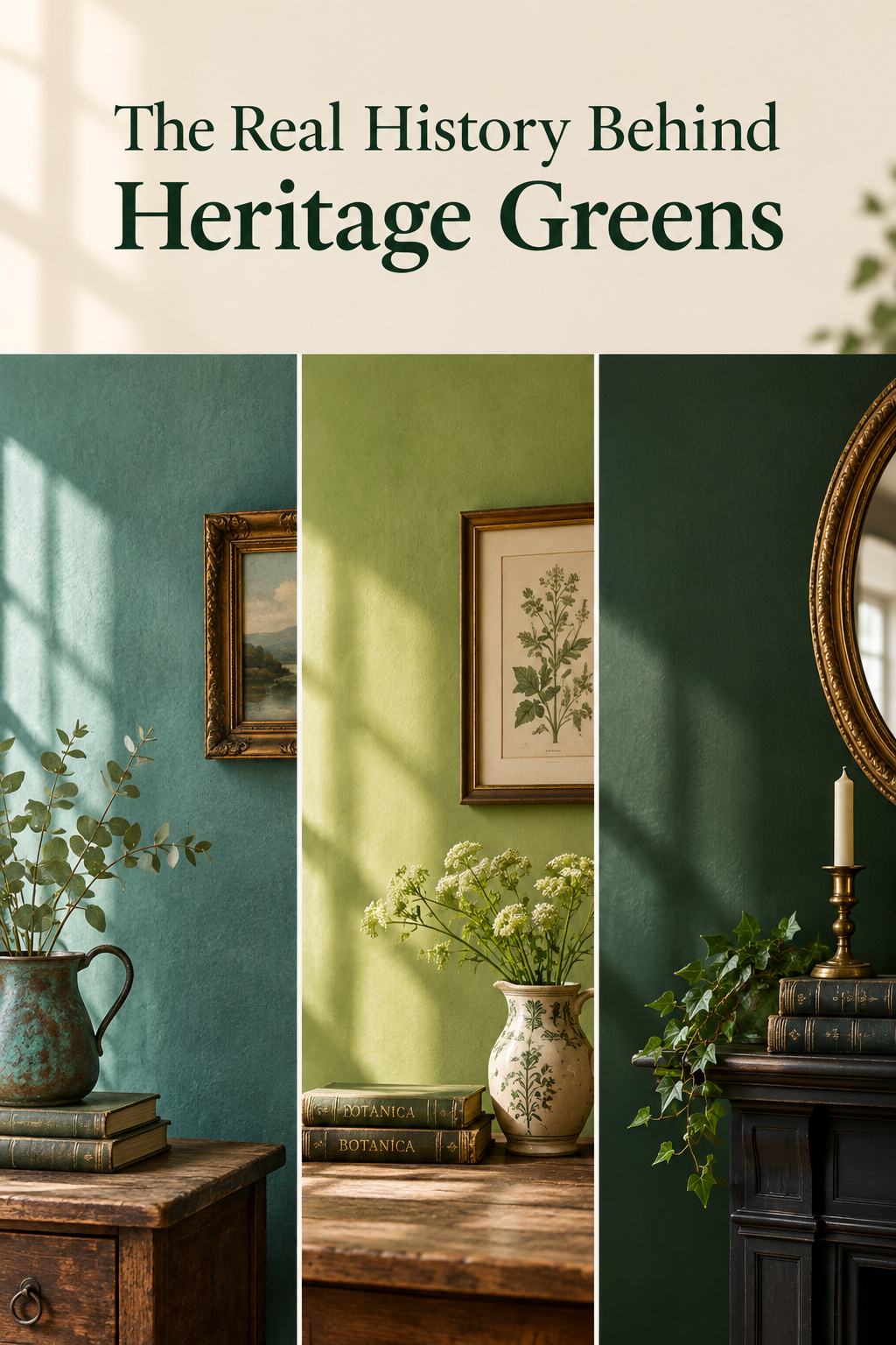 Three-panel Pinterest collage of verdigris, Scheele's green and chrome green heritage paint colors on daylit walls