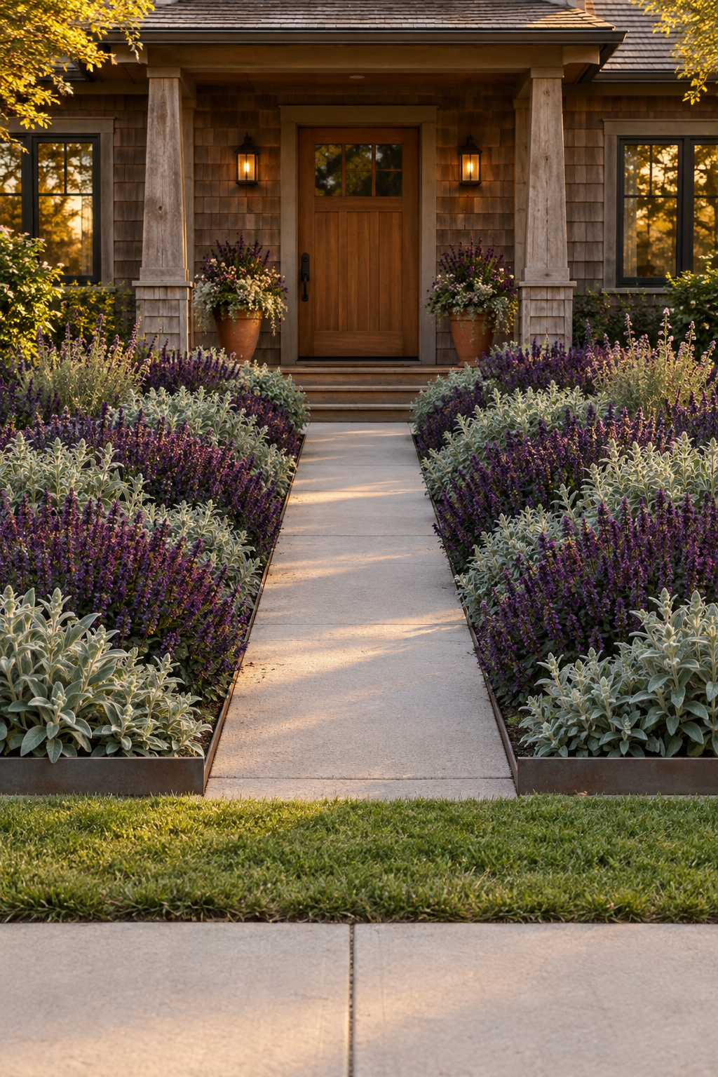 Symmetrical front-yard pollinator garden with matched massed plantings on either side of an entry path, held behind crisp steel edging