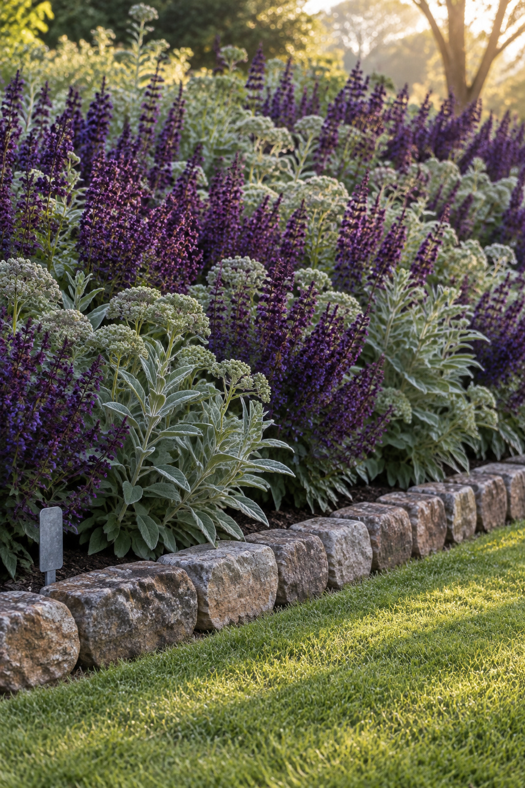 Fieldstone edging and a mown grass strip framing a massed drift of deep-plum and grey-green pollinator planting